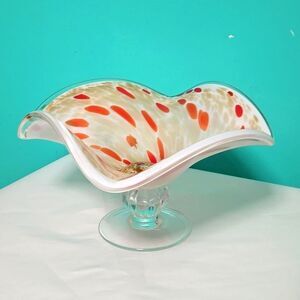 Vintage MCM Murano Ruffled Cheetah Glass Center Decor Bowl Large 12"